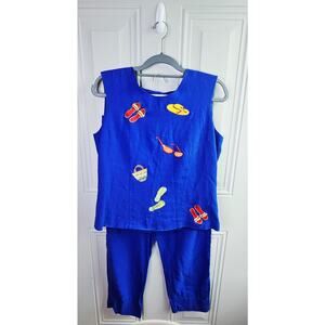 Vintage Ultra Dress 2 Piece Outfit Blue Linen Blend Beach Embroidered Size 10